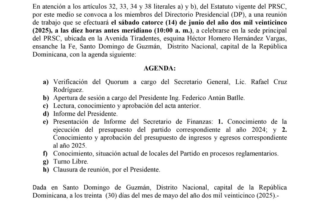 PRSC Convoca Reunión del Directorio Presidencial para el 14 de junio